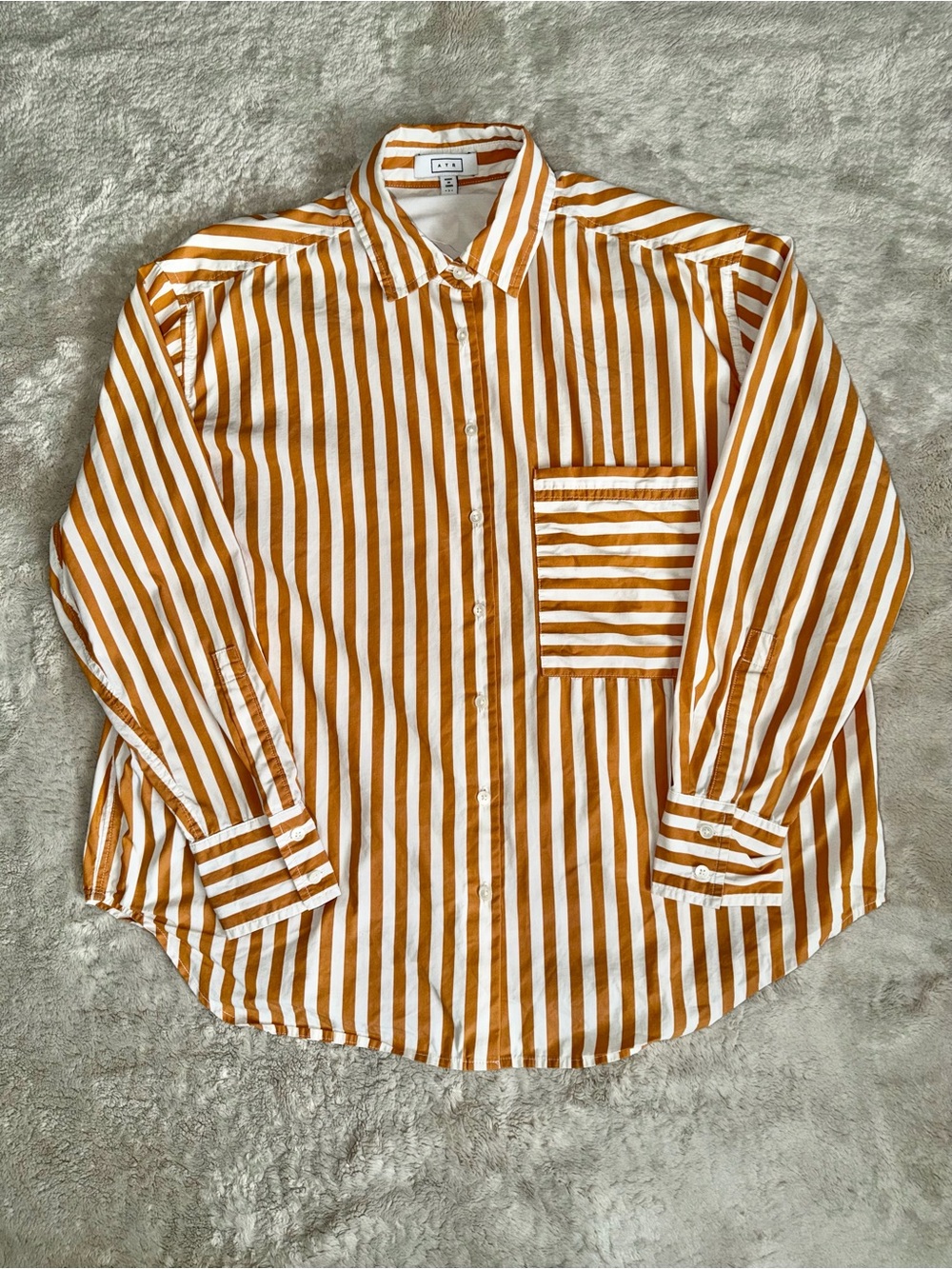 AYR The Deep End Shirt Womens Small Oversized Orange Stripe Button Long Sleeves